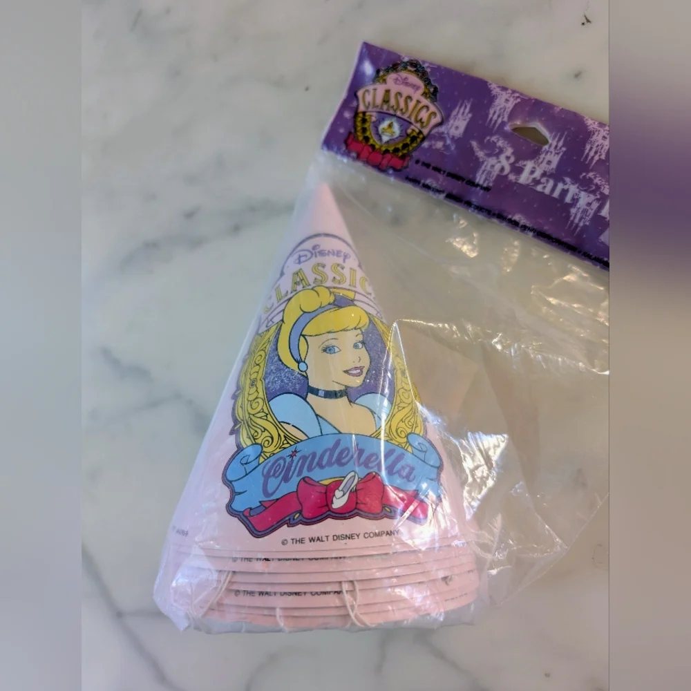 NWT. Vintage 90s Disney Cinderella Pink and Blue Party Hats (8) & Blowouts (6)